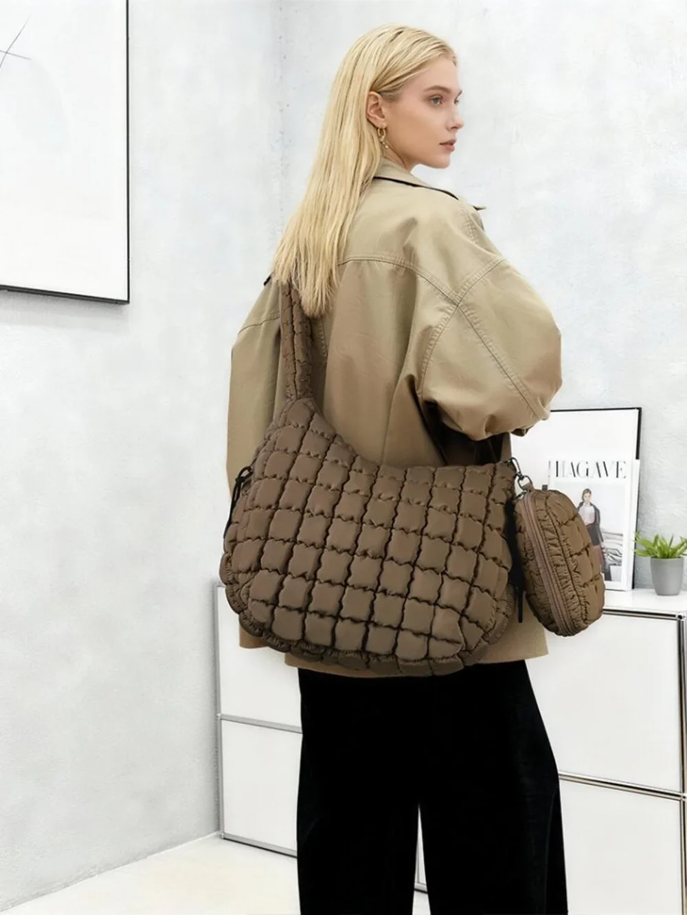 Quilted Puffer Tote Bag with Detachable Pouch Adjustable Shoulder Strap